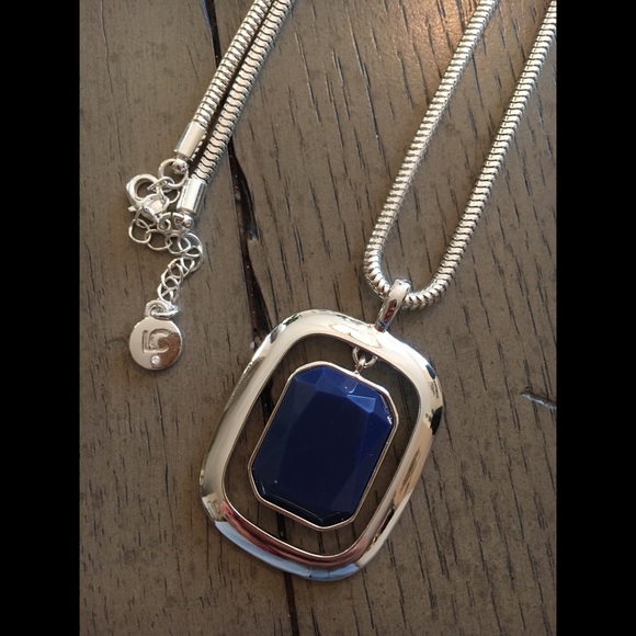 Long Silver and Blue Statement Pendent - Picture 5 of 7